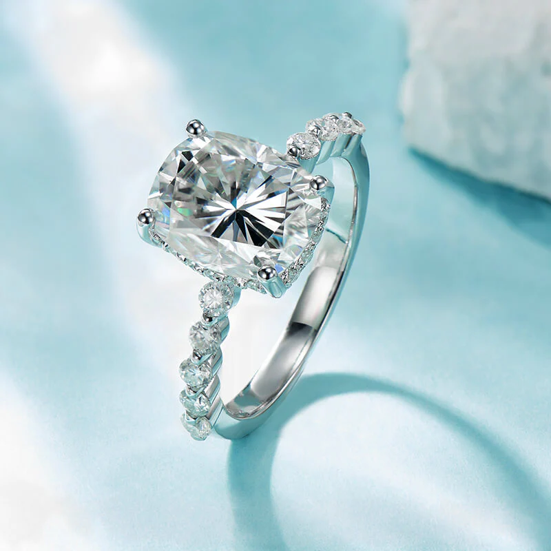4CT Elongated Cushion Moissanite Hidden Halo Bead Engagement Ring - Image 3