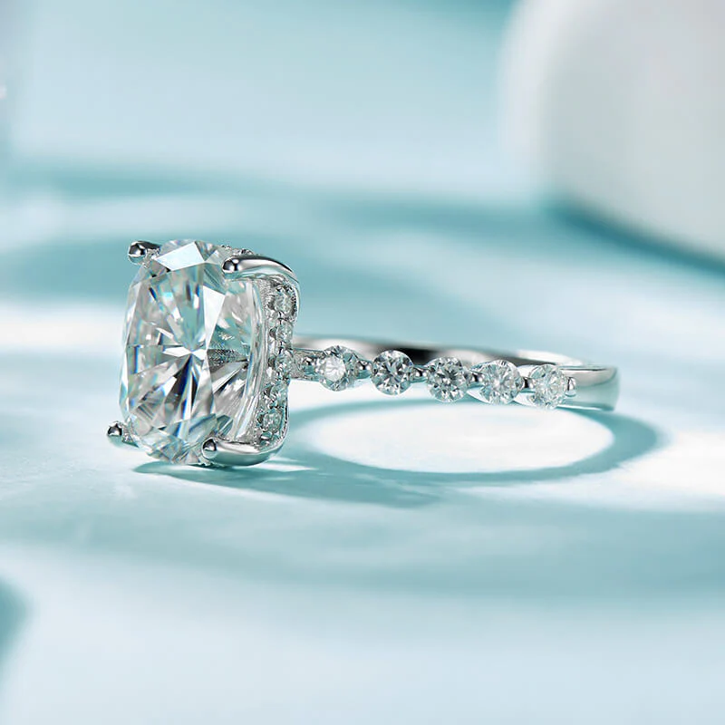 4CT Elongated Cushion Moissanite Hidden Halo Bead Engagement Ring - Image 4