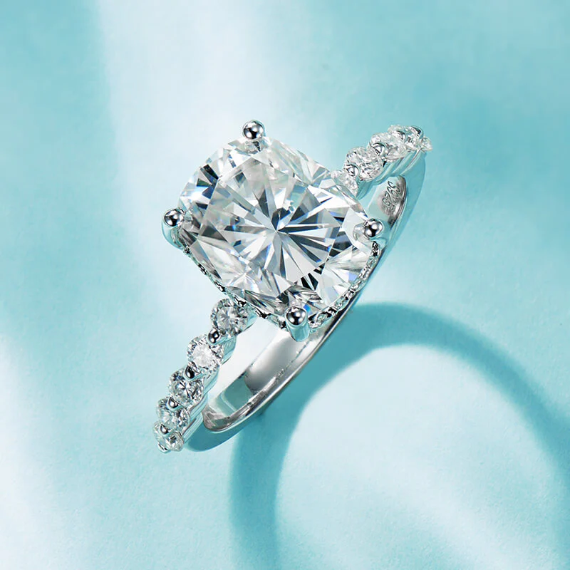 4CT Elongated Cushion Moissanite Hidden Halo Bead Engagement Ring - Image 5