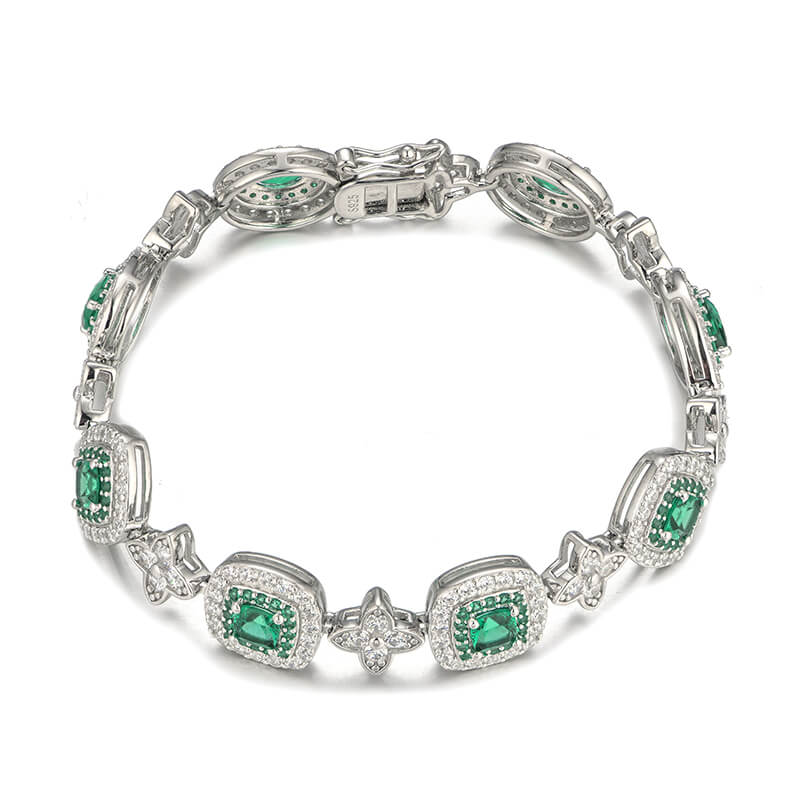 Alternating Halo Emerald And Four Leaf Bracelet In Sterling Silver - Image 3