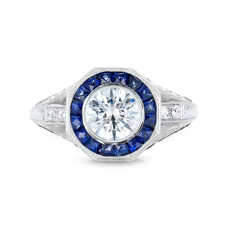 Art Deco Sapphire Halo And Moissanite Pave Milgrain Engagement Ring