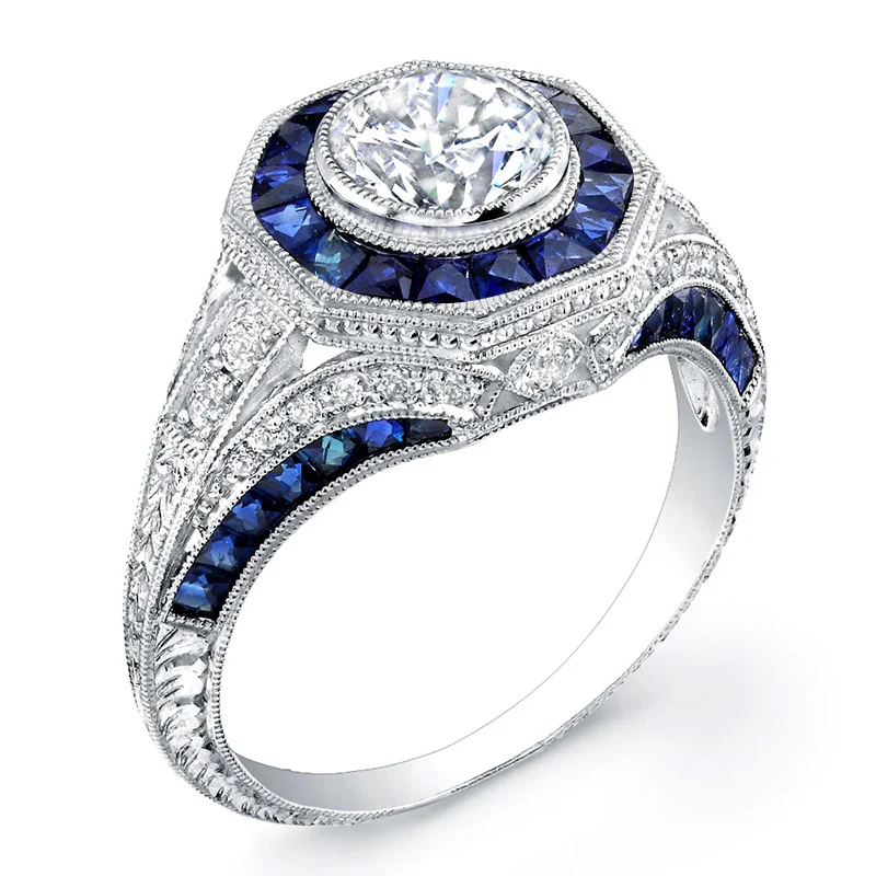 Art Deco Sapphire Halo And Moissanite Pave Milgrain Engagement Ring - Image 2