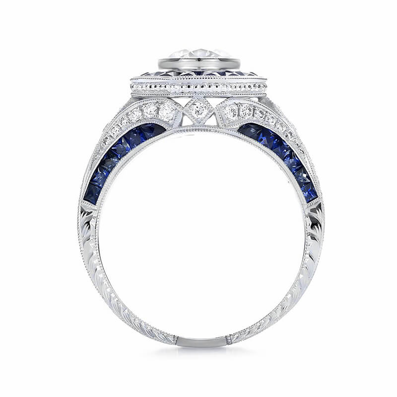 Art Deco Sapphire Halo And Moissanite Pave Milgrain Engagement Ring - Image 3