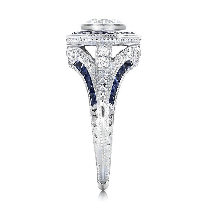 Art Deco Sapphire Halo And Moissanite Pave Milgrain Engagement Ring - Image 4