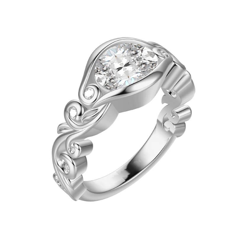 Bezel Set Oval Moissanite Scroll Accents Engagement Ring - Image 2