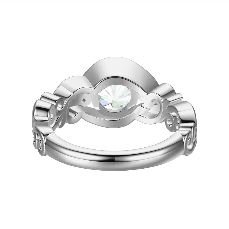 Bezel Set Round Moissanite Scroll Accents Engagement Ring - Image 5