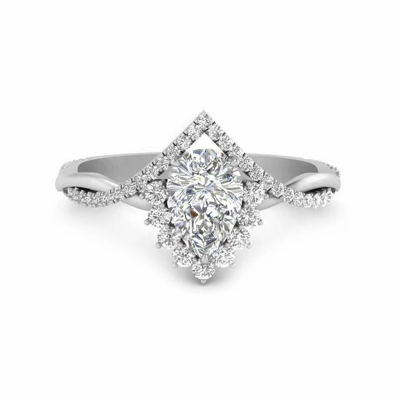 Chevron Halo Pear Moissanite Twisted Pave Engagement Ring