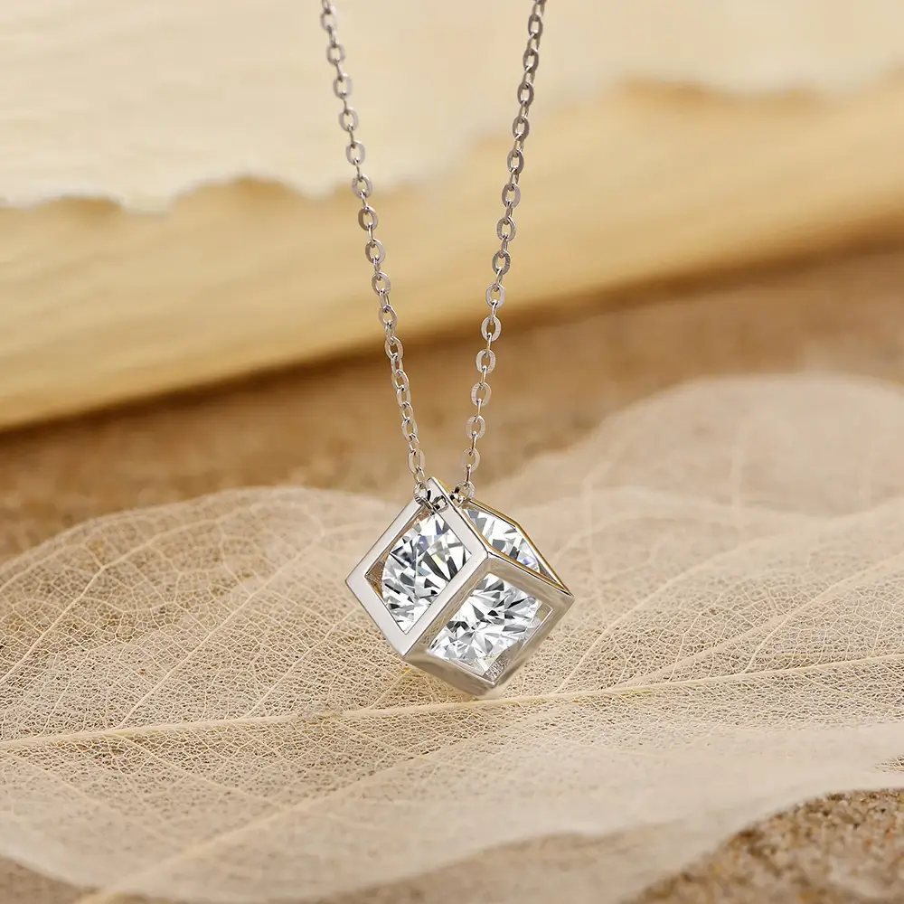 Cube Wrapped Solitaire Moissanite Necklace In Sterling Silver - Image 3