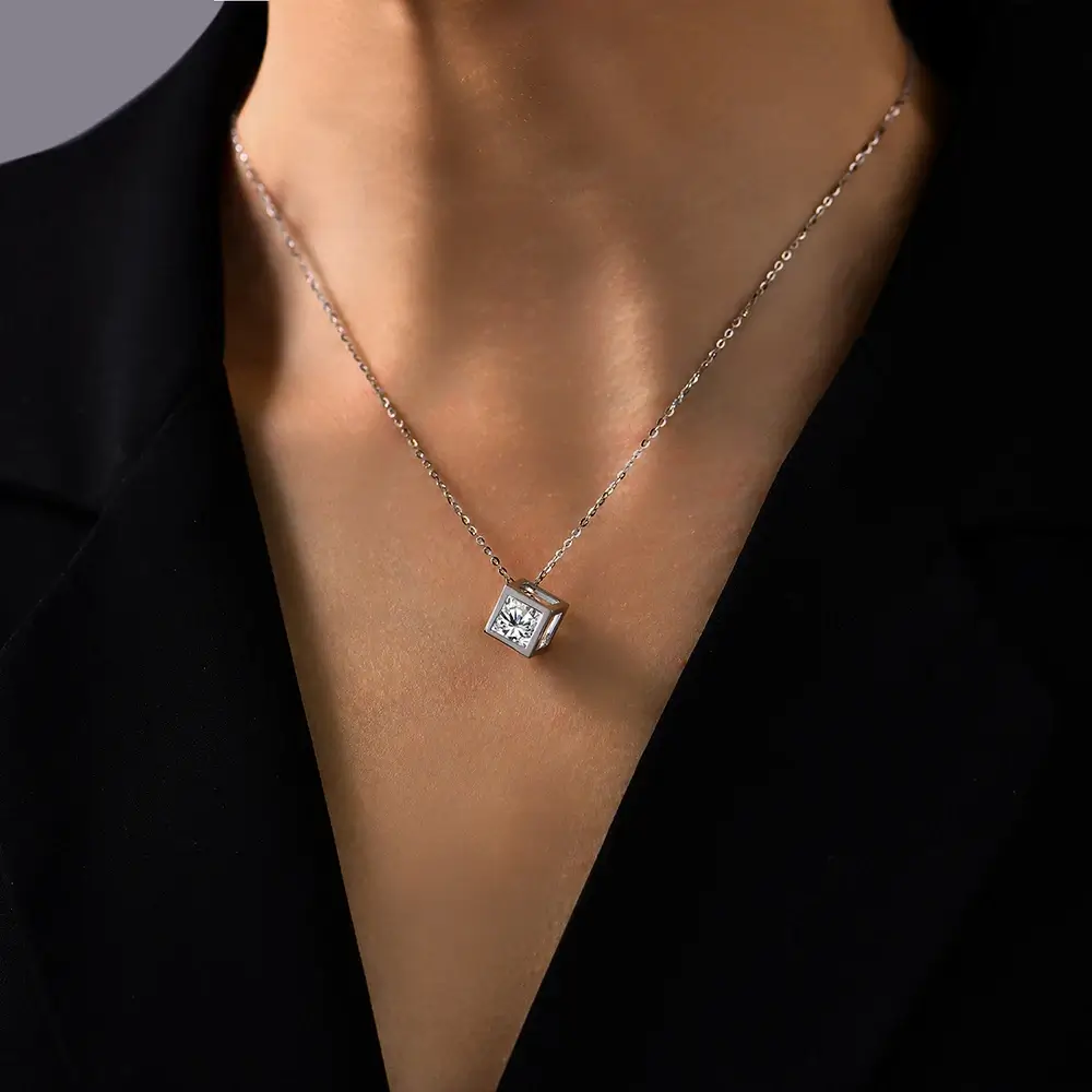 Cube Wrapped Solitaire Moissanite Necklace In Sterling Silver - Image 4