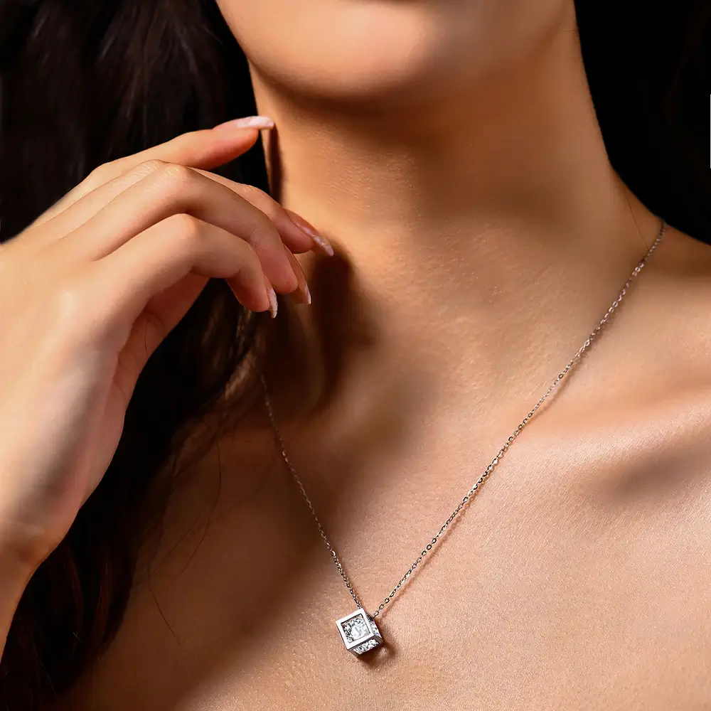 Cube Wrapped Solitaire Moissanite Necklace In Sterling Silver - Image 5