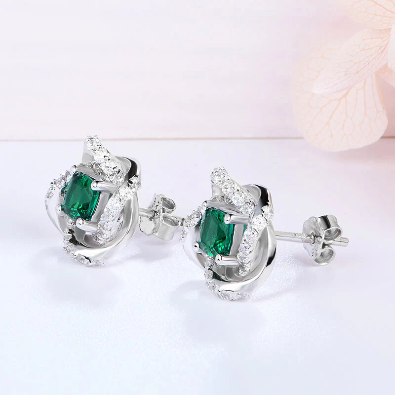 Cushion Lab-Created Emerald Knot Sterling Silver Stud Earrings - Image 3