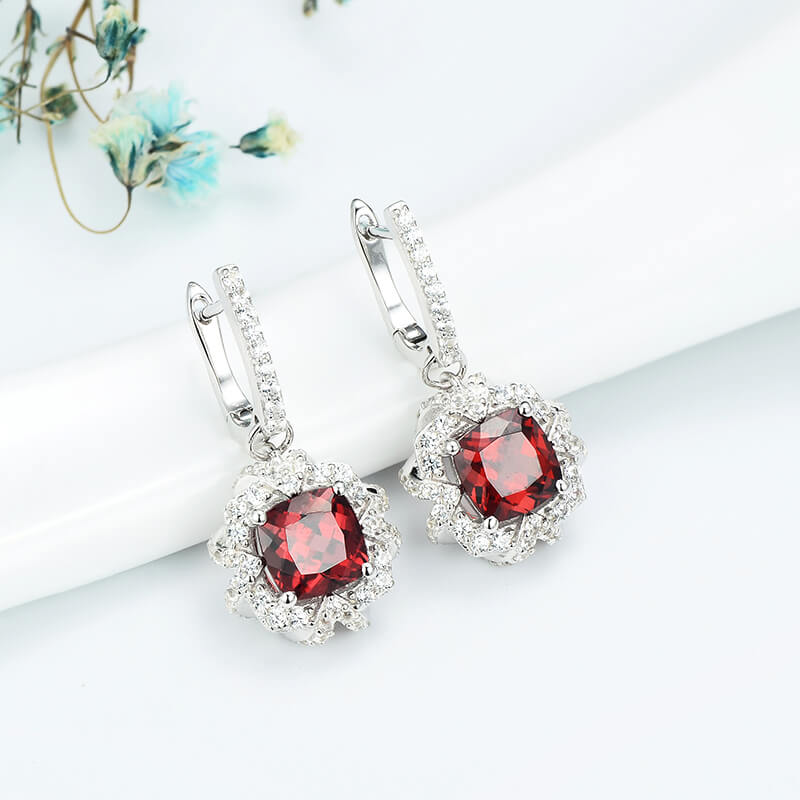 Cushion Ruby Halo Sterling Silver Drop Earrings - Image 3