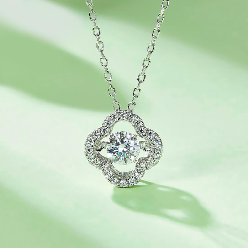 Dancing Moissanite Four Leaf Clover Pave Necklace in Sterling Silver - Image 3