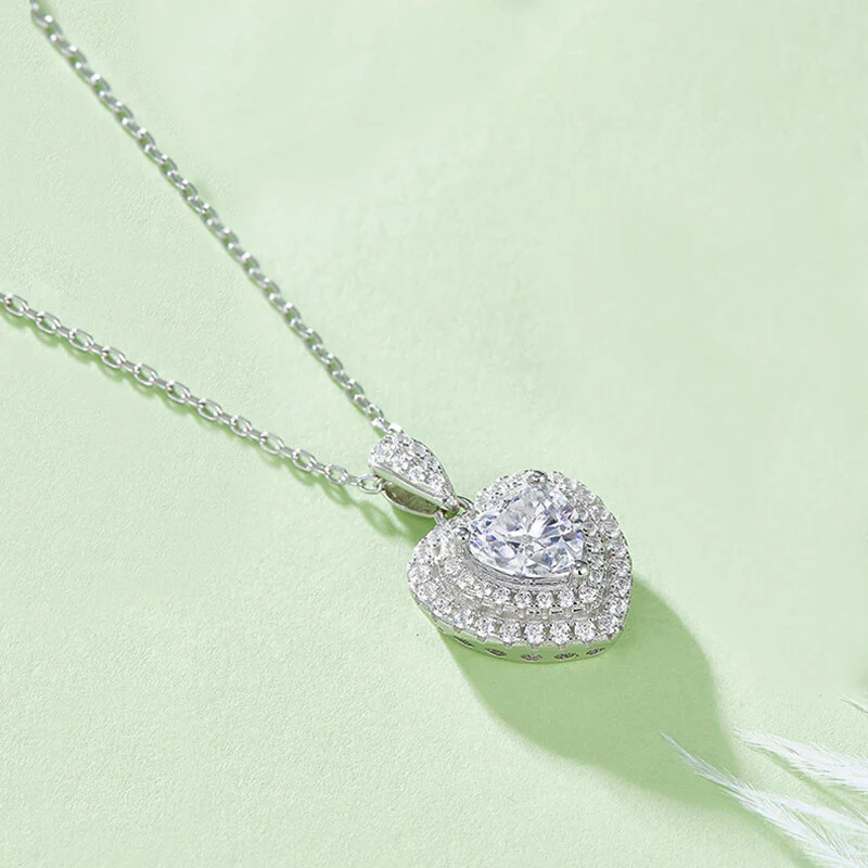 Double Halo Heart Cut Moissanite Pendant Necklace - Image 3
