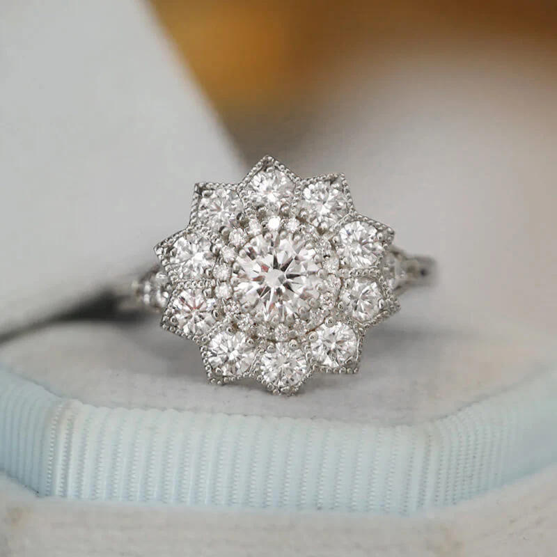 Double Halo Moissanite Floral Style Cluster Engagement Ring - Image 3
