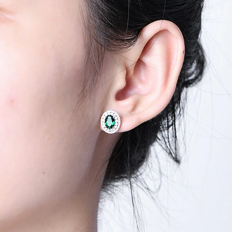Double Halo Oval Lab-Created Emerald Sterling Silver Stud Earrings - Image 2