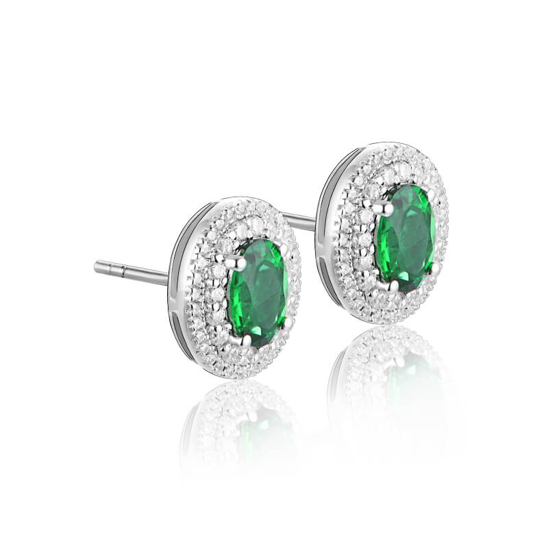 Double Halo Oval Lab-Created Emerald Sterling Silver Stud Earrings - Image 3
