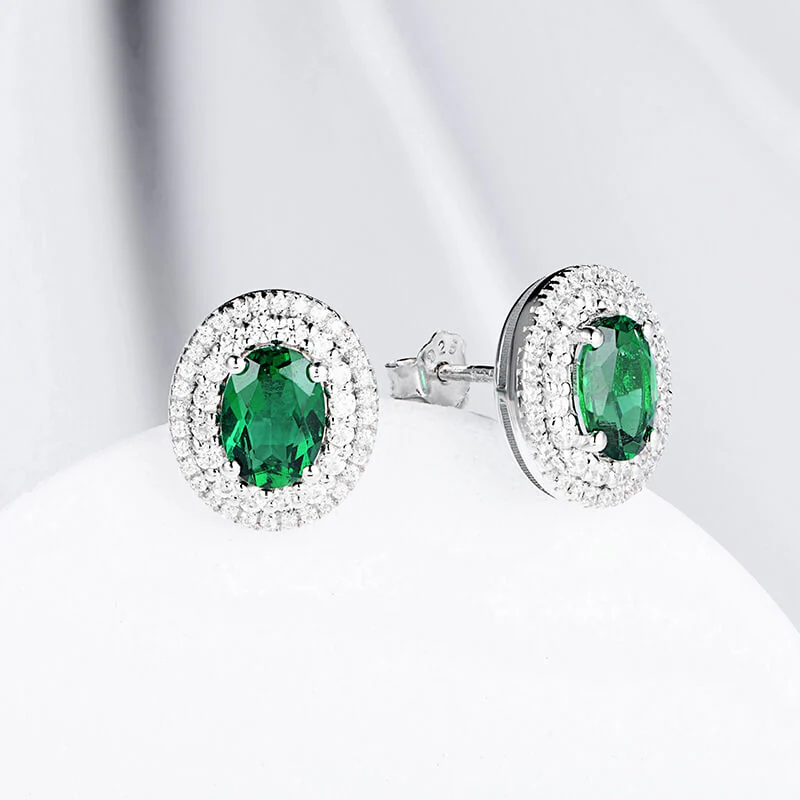 Double Halo Oval Lab-Created Emerald Sterling Silver Stud Earrings - Image 4