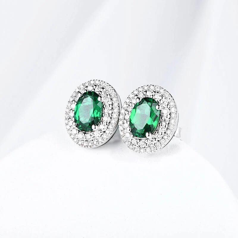 Double Halo Oval Lab-Created Emerald Sterling Silver Stud Earrings - Image 5
