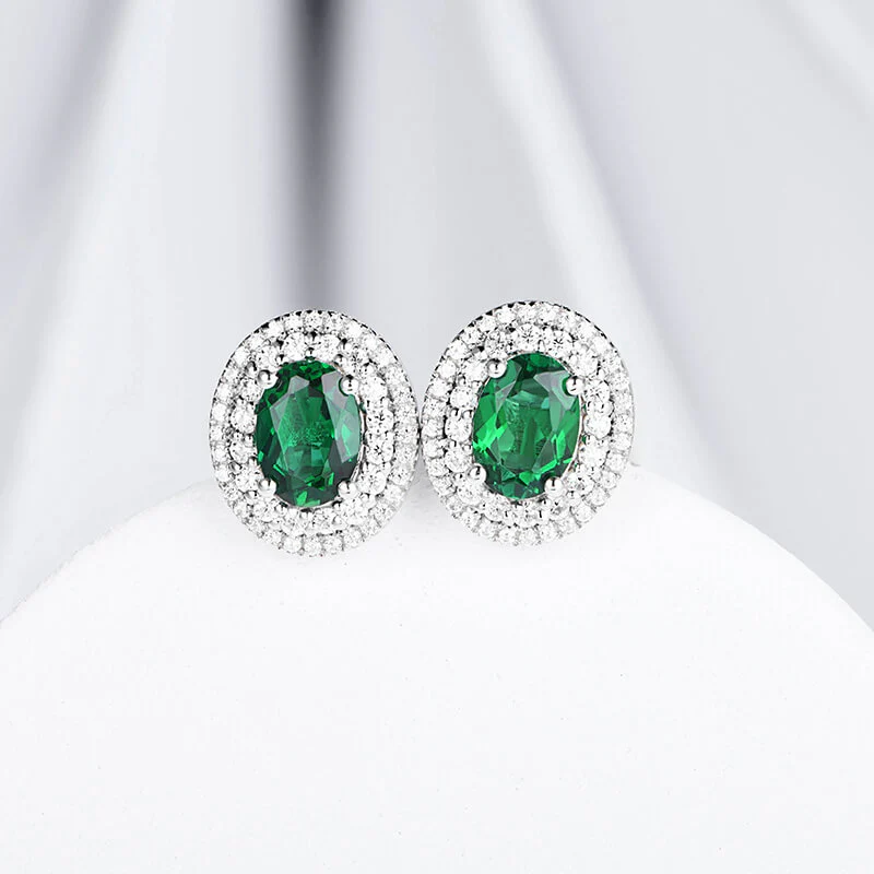 Double Halo Oval Lab-Created Emerald Sterling Silver Stud Earrings - Image 6