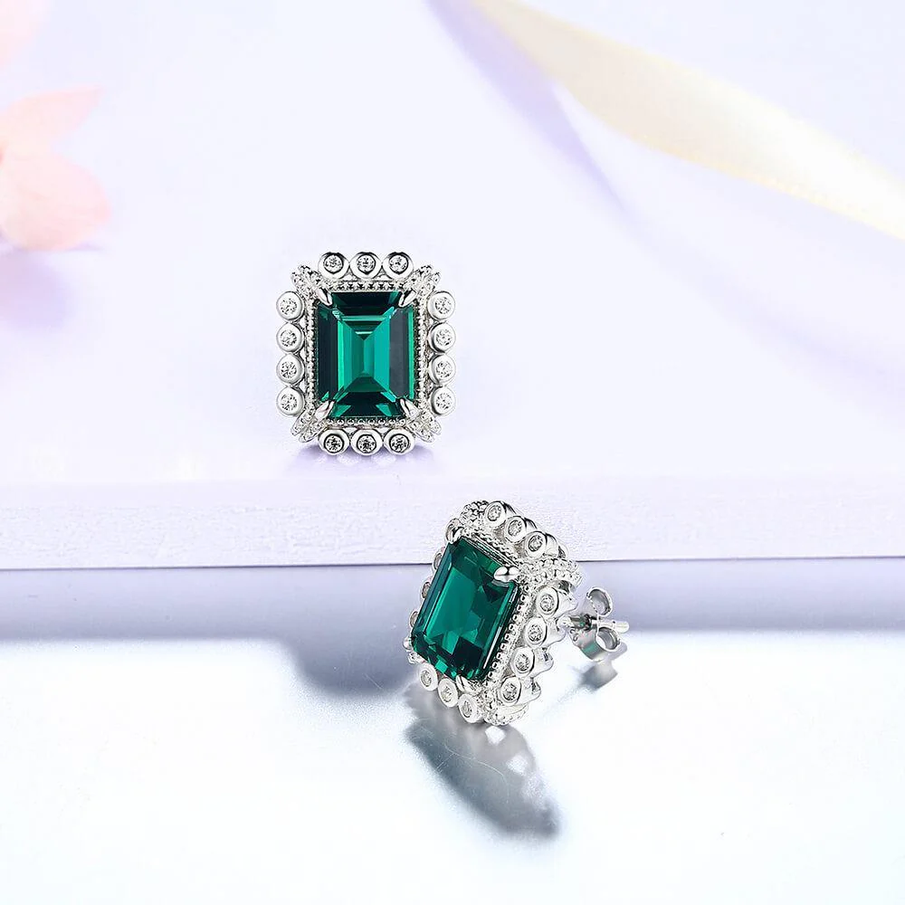Emerald Cut Lab Created Emerald Classic Luxury Sterling Silver Earrings - Image 5