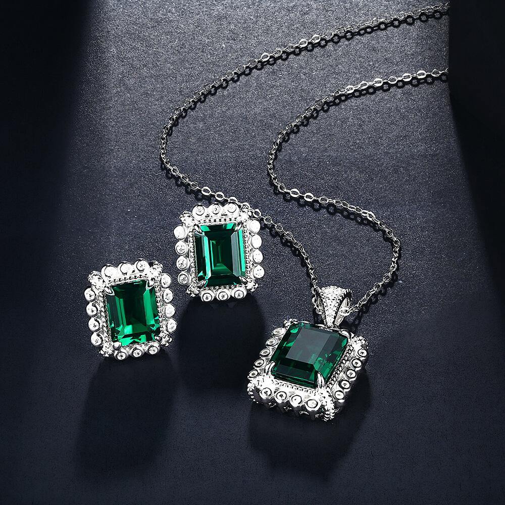Emerald Cut Lab Created Emerald Classic Luxury Sterling Silver Necklace - Image 11