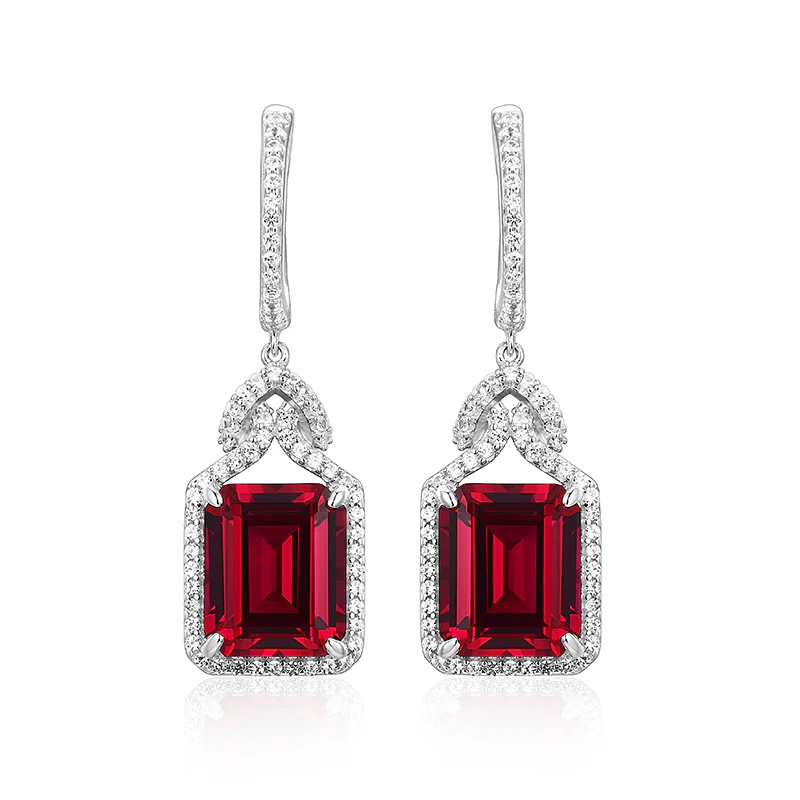 Emerald Cut Ruby Sterling Silver Drop Halo Earrings