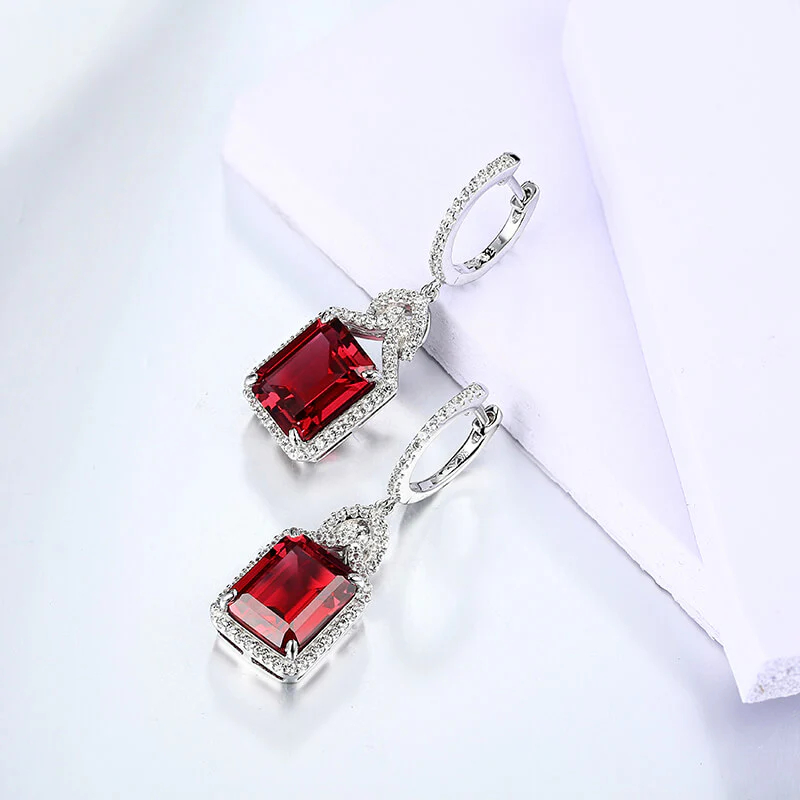Emerald Cut Ruby Sterling Silver Drop Halo Earrings - Image 3