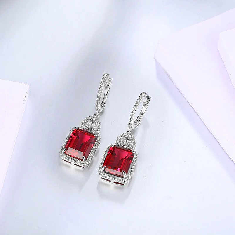 Emerald Cut Ruby Sterling Silver Drop Halo Earrings - Image 4