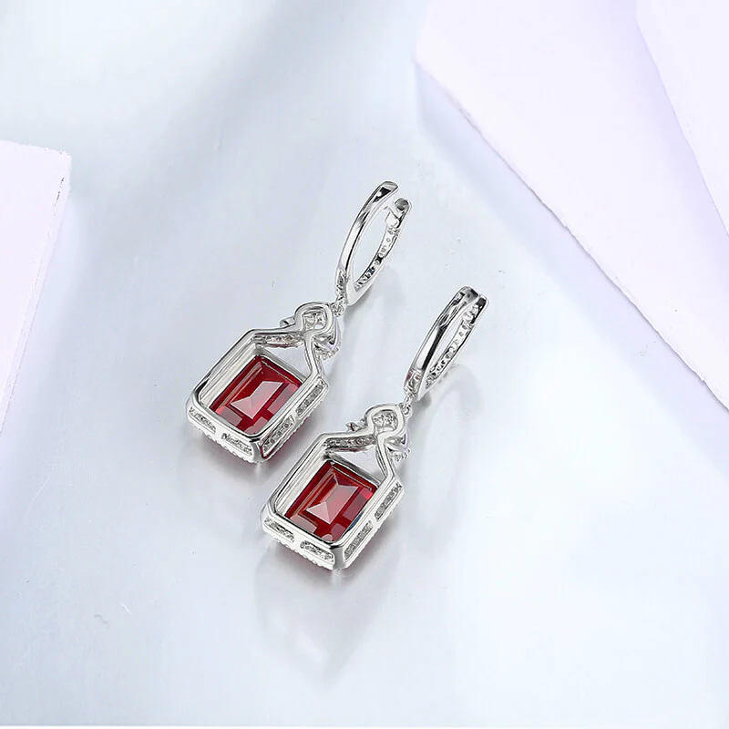 Emerald Cut Ruby Sterling Silver Drop Halo Earrings - Image 5