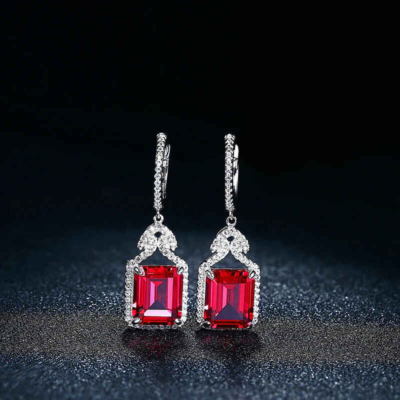 Emerald Cut Ruby Sterling Silver Drop Halo Earrings - Image 6