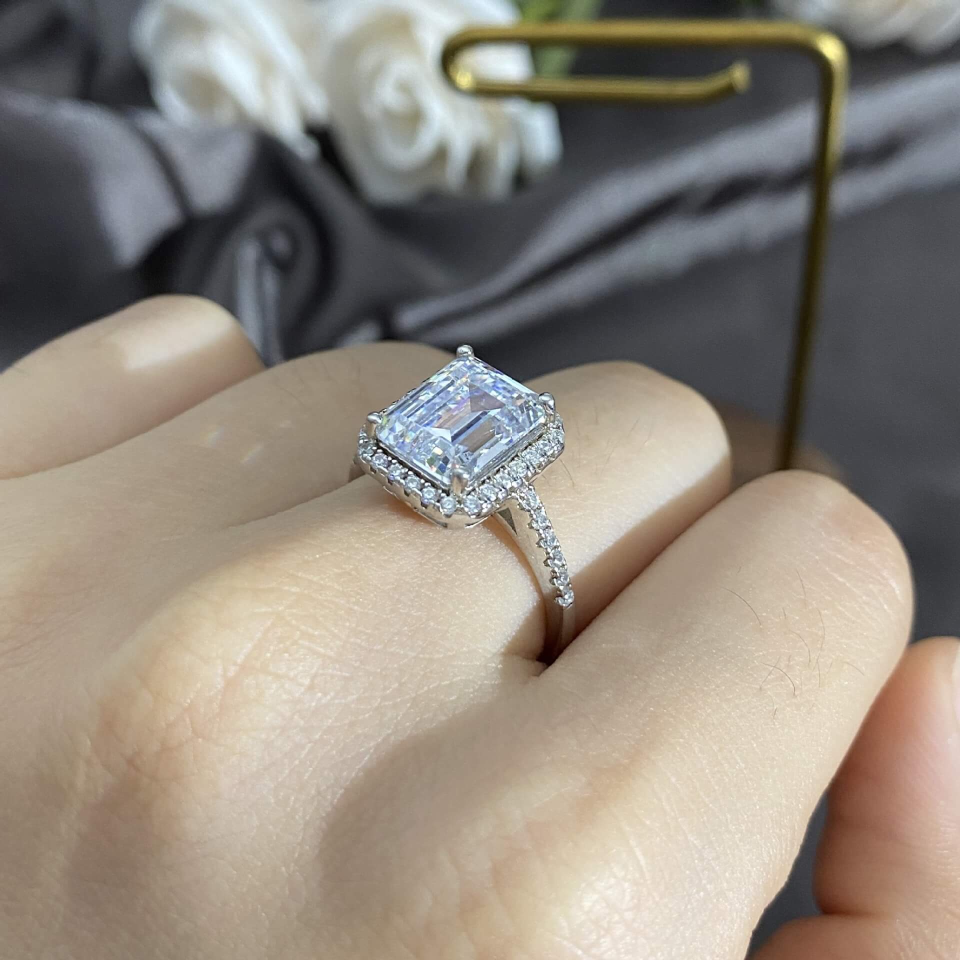 Halo Emerald Cut White Sapphire Side Stone Pave Sterling Silver Ring - Image 5