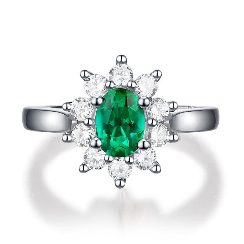 Oval Emerald Side Stone Sterling Silver Ring Size Adjustable - Image 4