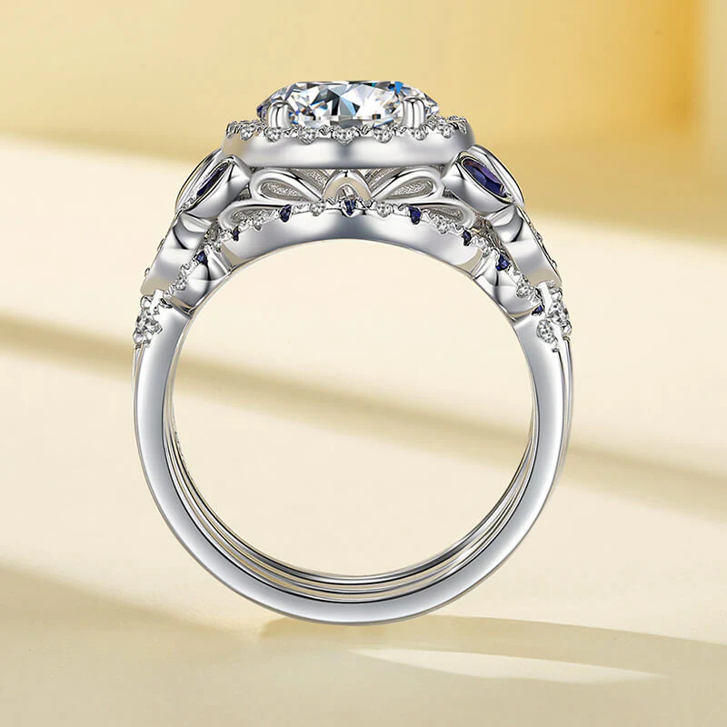 Enchanted Blossom Halo Moissanite with Blue Sapphires Engagement Ring Set - Image 4
