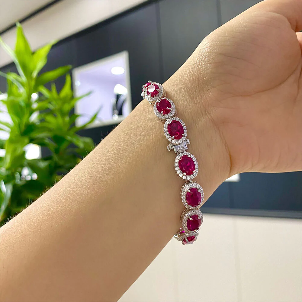 Eternity Halo Oval Ruby Sterling Silver Bracelet - Image 5