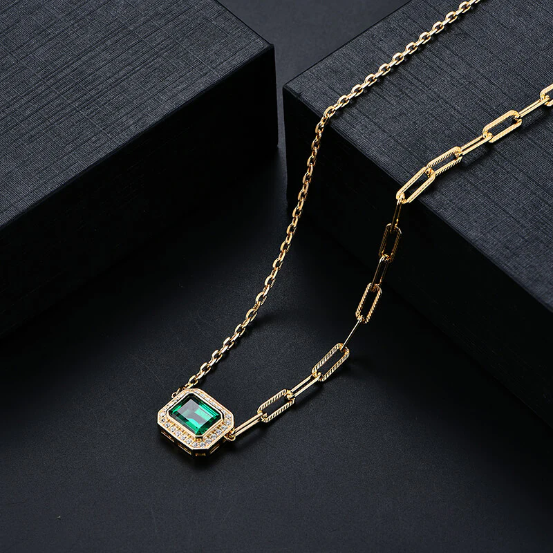 Fashion Halo Emerald Horizontal Necklace In Sterling Silver - Image 3