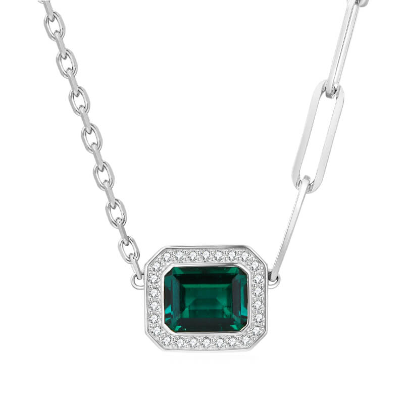 Fashion Halo Emerald Horizontal Necklace In Sterling Silver - Image 5