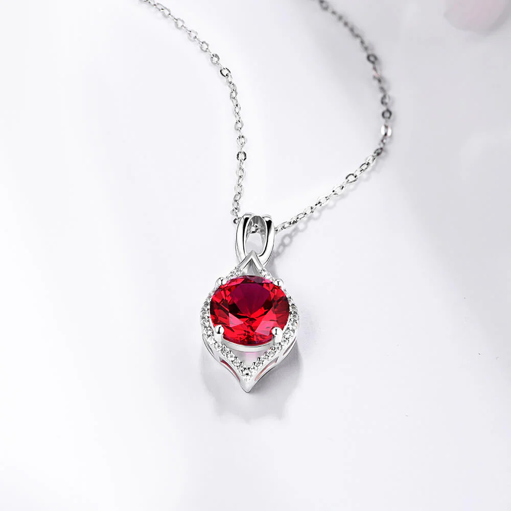 Fashion Round Ruby Sterling Silver Halo Necklace Pendant - Image 3