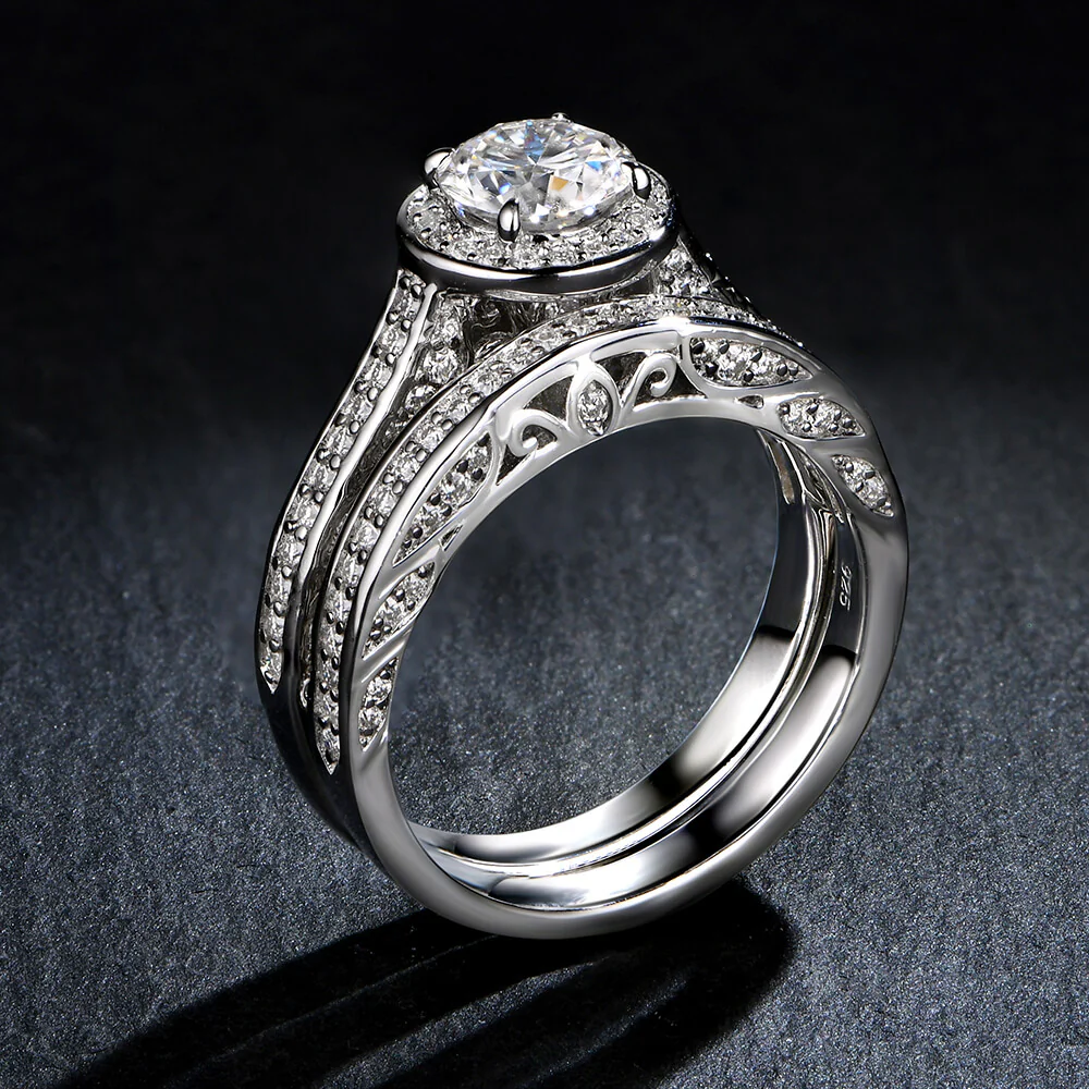 Filigree Halo Moissanite Channel Set Bridal Engagement Ring Set - Image 4