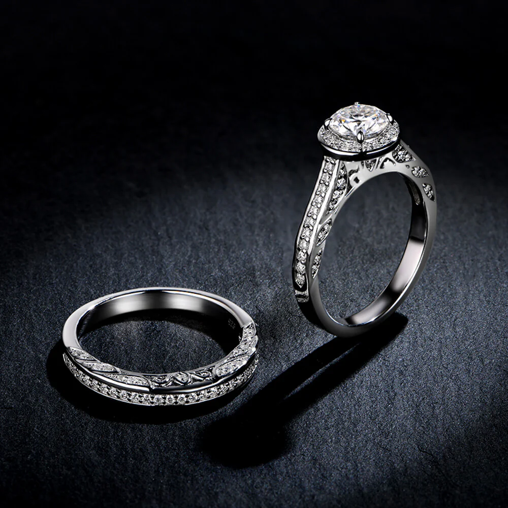 Filigree Halo Moissanite Channel Set Bridal Engagement Ring Set - Image 5