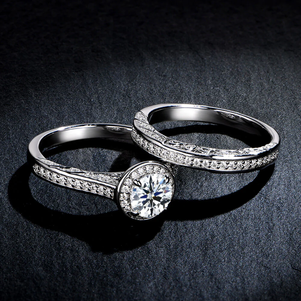 Filigree Halo Moissanite Channel Set Bridal Engagement Ring Set - Image 6