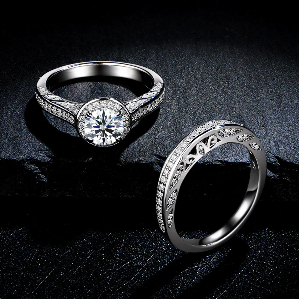 Filigree Halo Moissanite Channel Set Bridal Engagement Ring Set - Image 7