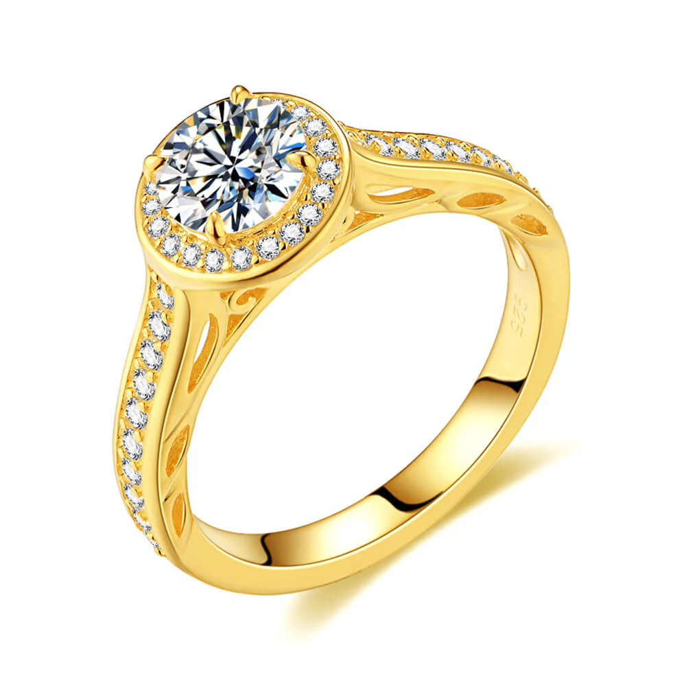 Filigree Halo Moissanite Channel Set Yellow Gold Bridal Engagement Ring Set - Image 2