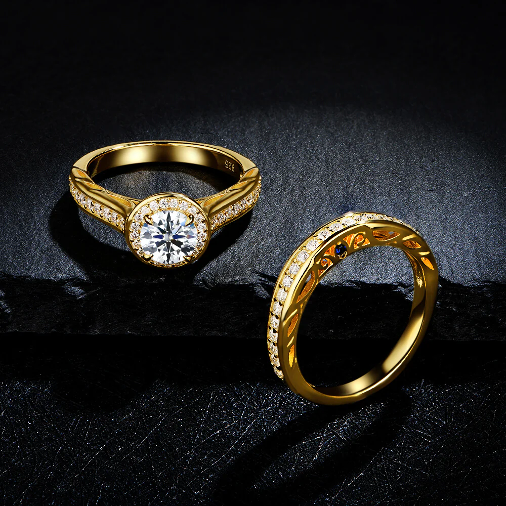 Filigree Halo Moissanite Channel Set Yellow Gold Bridal Engagement Ring Set - Image 4
