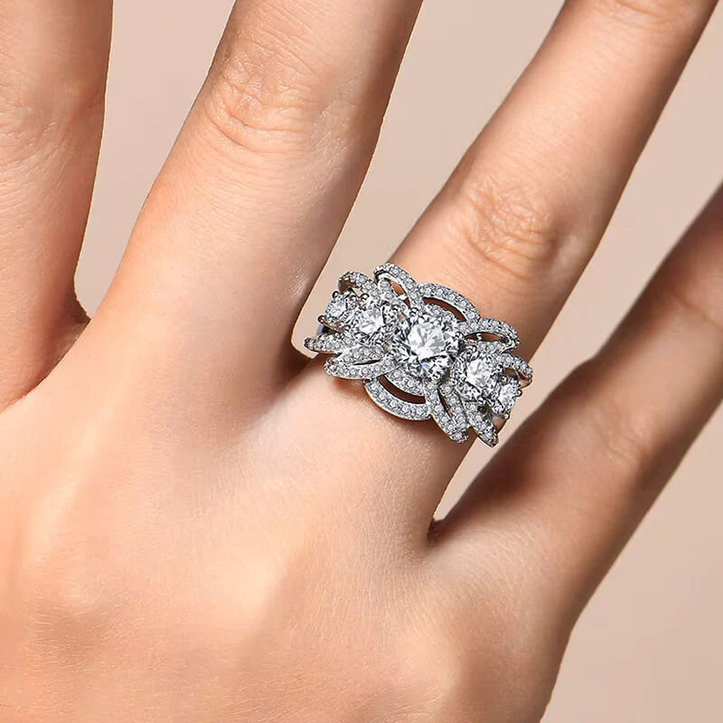 Five Stone Round Moissanite Multi-Row Crossover Pave Engagement Ring - Image 6