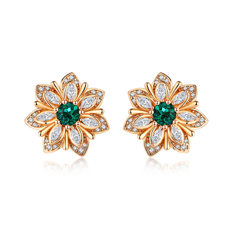 Flower Round Emerald Stud Earrings In Sterling Silver - Image 2
