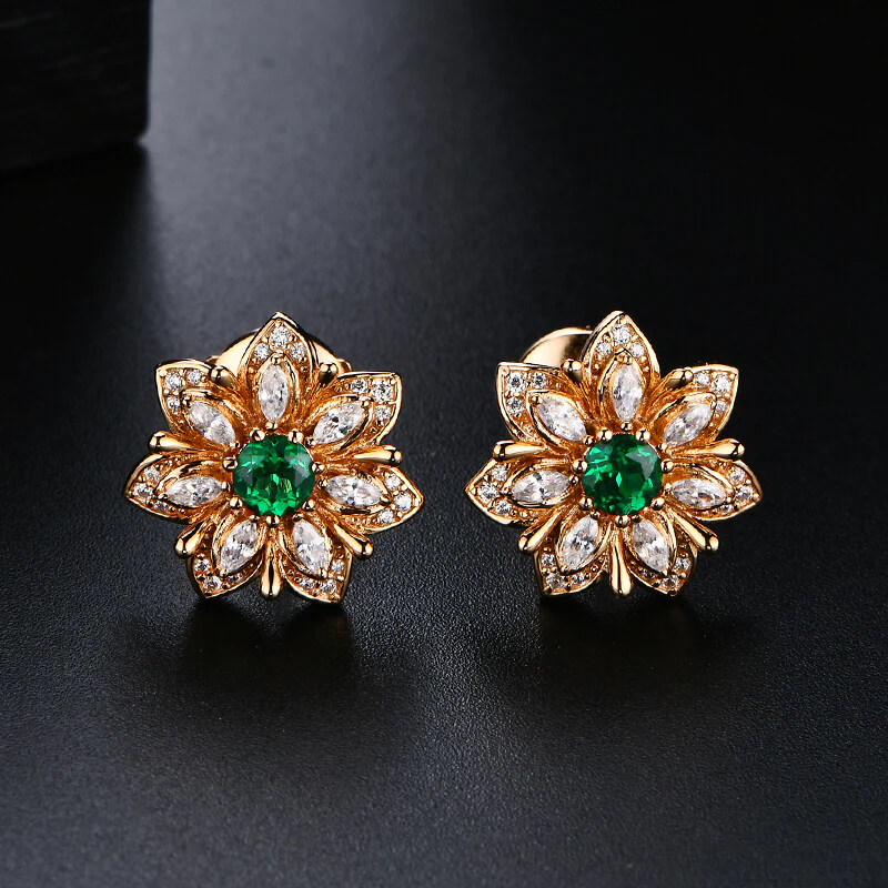 Flower Round Emerald Stud Earrings In Sterling Silver - Image 4