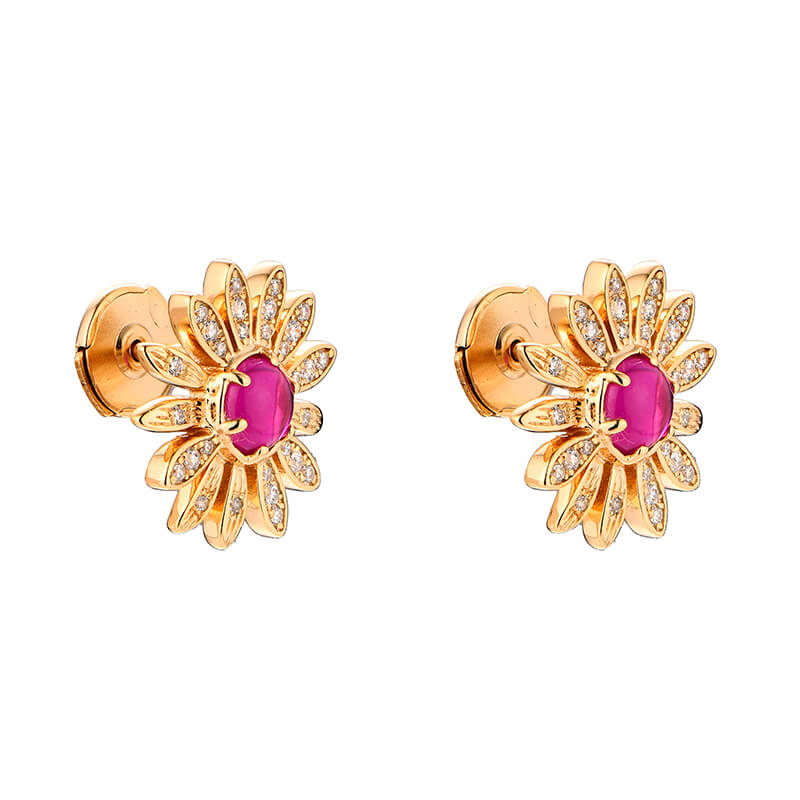 Flower Round Plain Ruby Stud Earrings In Sterling Silver - Image 2