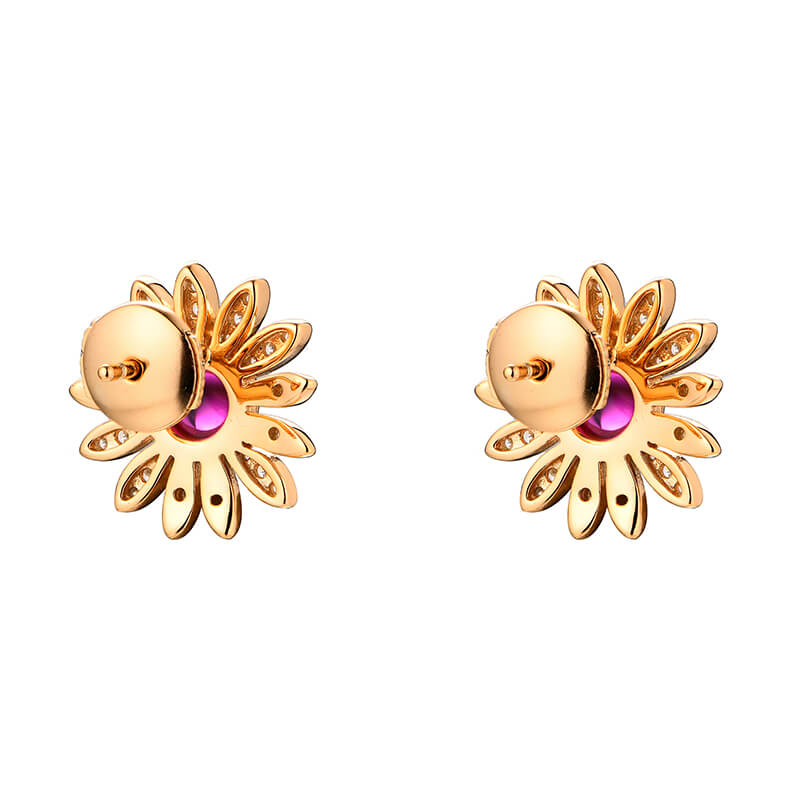 Flower Round Plain Ruby Stud Earrings In Sterling Silver - Image 3