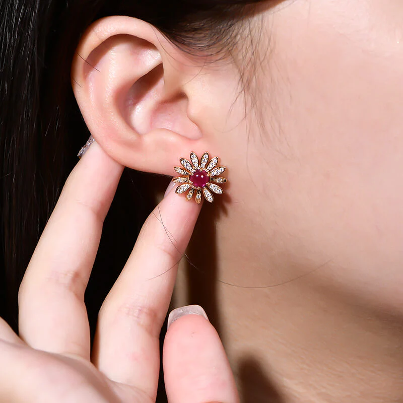 Flower Round Plain Ruby Stud Earrings In Sterling Silver - Image 4
